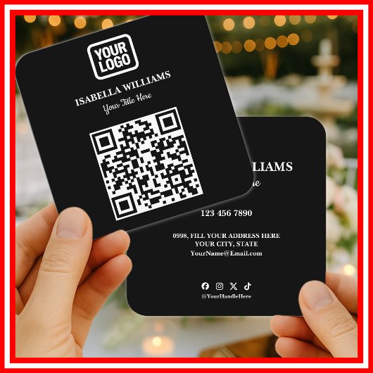 Your Logo Here Simple Modern Black Website QR Code Quadratische Visitenkarte