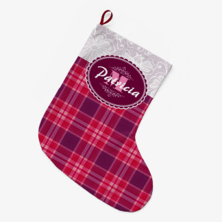 YOUR MONOGRAM ON LACE & PINK TARTAN PLAID PATTERN GROßER WEIHNACHTSSTRUMPF