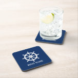 Your Name Anchor with Ships Wheel Getränkeuntersetzer<br><div class="desc">Your Personalized Name with Nautical Ships Wheel Helm on Customizable Navy Blue Cork Back Coaster set.</div>