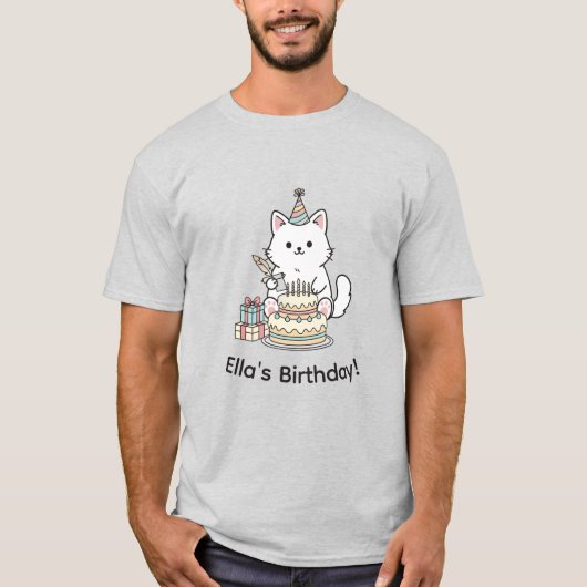 "Your name" Festive Birthday Cat with Cake Graphic T-Shirt (Vorderseite)