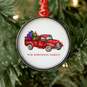 Your Name Watercolor Classic Red Truck With Gifts Ornament Aus Metall