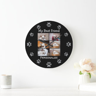 Your pet dog custom photo collage best friend name große wanduhr
