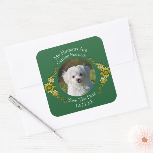 Your Pet Photo, Save The Date, Emerald Green Quadratischer Aufkleber (Umschlag)