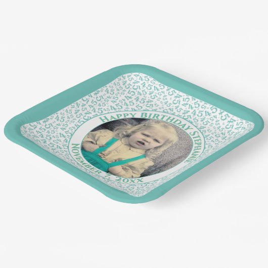 Your Photo 45 Random Number Pattern Teal/White Pappteller (Gewinkelt)
