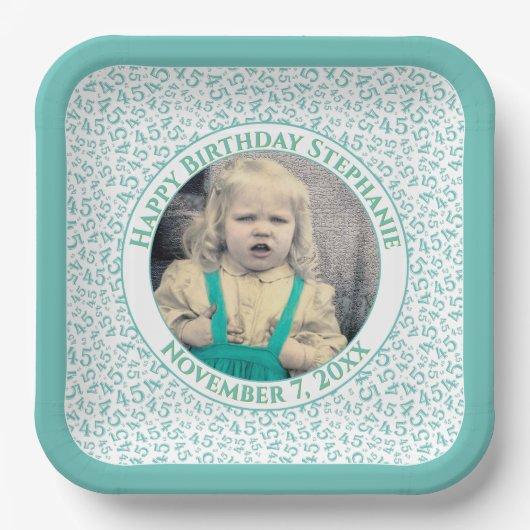 Your Photo 45 Random Number Pattern Teal/White Pappteller (Vorderseite)