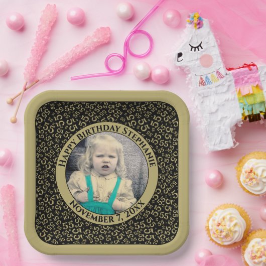 Your Photo 55 Random Number Pattern Black/Gold  Pappteller (Party)