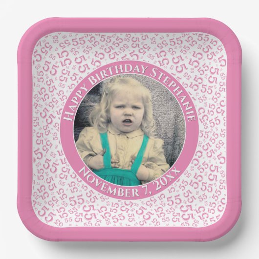 Your Photo 55 Random Number Pattern Pink/White Pappteller (Vorderseite)