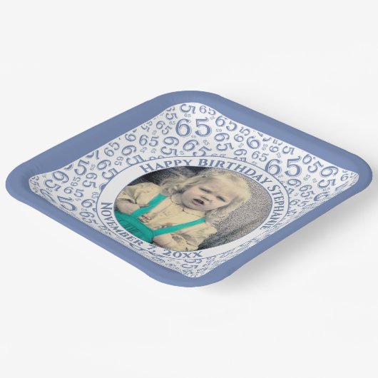 Your Photo 65 Random Number Pattern Blue/White Pappteller (Gewinkelt)