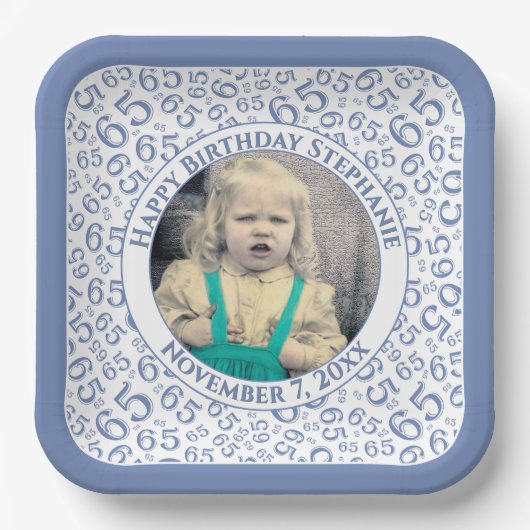 Your Photo 65 Random Number Pattern Blue/White Pappteller (Vorderseite)
