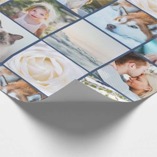 Your Photo Custom Grid Collage Navy Blue Geschenkpapier (Ecke)