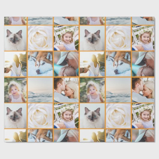 Your Photo Custom Grid Collage Orange Geschenkpapier (Flach)