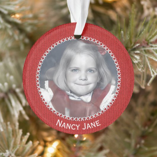 Your Photo Red Knit Pattern Picture Frame Ornament (Baum)