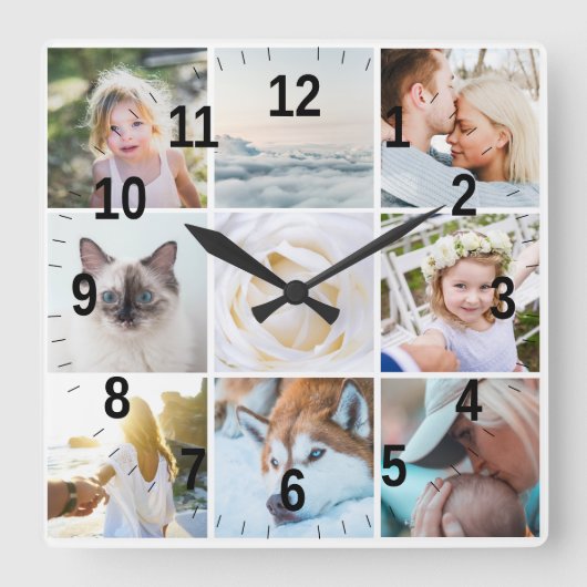 Your Photos Custom Modern Collage Simple Quadratische Wanduhr (Vorderseite)