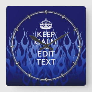 Your Text on Keep Calm on Navy Blue Racing Flames Quadratische Wanduhr