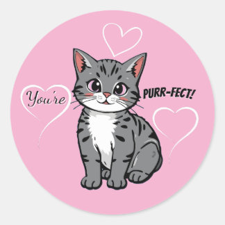 You're Purr-fect Animated Cat and Hearts Pink Runder Aufkleber