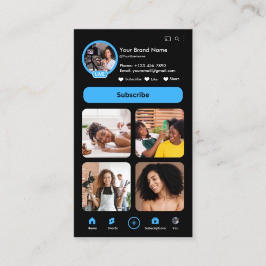 YouTube Blue Influencer Vlogger Creator QR Code Visitenkarte (Vorderseite)