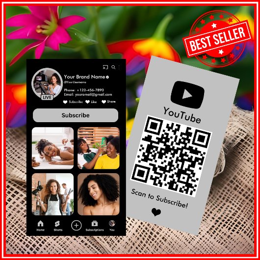 YouTube Gray Influencer Vlogger Creator QR Code Visitenkarte