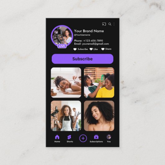 YouTube Lila Influencer Vlogger Creator QR Code Visitenkarte (Vorderseite)