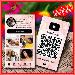 YouTube Pink Marble Influencer Vlogger Creator QR- Visitenkarte