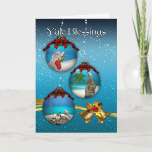 Yule-Segen mit Strandkulisse Katzen und Vögel b Feiertagskarte