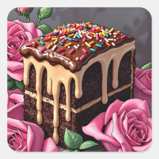 Yummy Chocolate Birthday Cake with Sprinkles Quadratischer Aufkleber