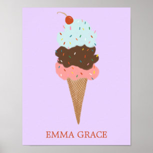 Yummy Colorful Ice Creme Cone Triple Scoop CUSTOM Poster