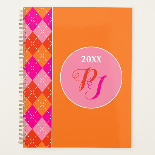 Yuppie Preppy Sporty Pink Orange Raute Monogram Planer (Vorderseite)