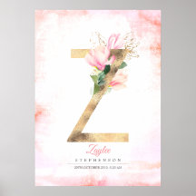 Z Letter Monogram Gold Blätter Pink Magnolia Flora
