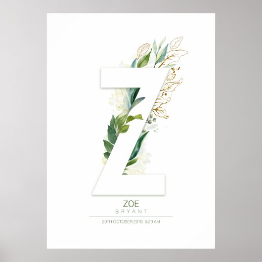 Z Letter Monogram Gold Green Foliage Dreamy Poster (Vorne)