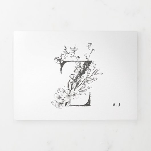 'Z' Monogram Schöne gezeichnete Blumenhochzeit Dreifach Gefaltete Einladung (Cover)
