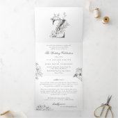 'Z' Monogram Schöne gezeichnete Blumenhochzeit Dreifach Gefaltete Einladung (Innenseite)