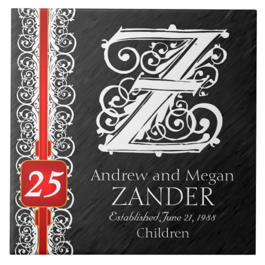 Z Monogram "White Lace on Black" Anniversary Tile Fliese (Vorderseite)