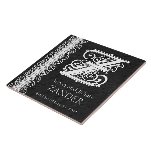 Z Monogram "White Lace on Black" Hochzeitszange Fliese (Seite)