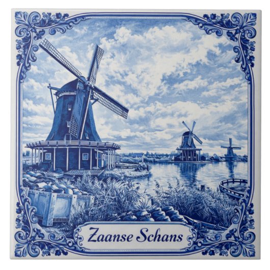 Zaanse Schans Delft Blau stil Keramikfliese (Vorderseite)