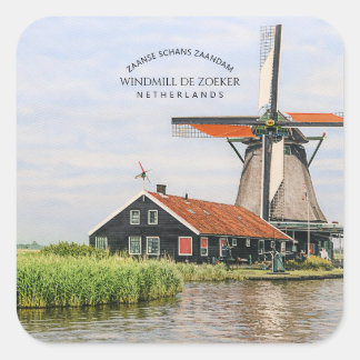 Zaanse Schans Windmill Watercolor Dutch Heritage Quadratischer Aufkleber