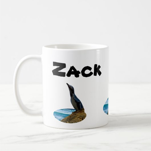 Zackname mit Pinguin, Tasse des Kaffees (Links)