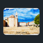 Zadar Croatia Wasserfarbenpanorama Aussicht Magnet<br><div class="desc">Dieses klassische Vintage Aquarellbild auf einem flexiblen Foto Magnet besticht durch seine einzigartige Architektur und den Panoramablick auf die kroatische Stadt Zadar. Eine tolle Reise-Andenken und Geschenkidee für jeden Touristen und Besucher des kroatischen Reiseziels. Machen Sie es sich selbst und kaufen Sie jetzt.</div>