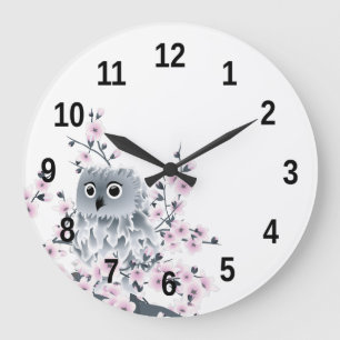 Zahl der niedlichen Eule- und Kirschblüten Große Wanduhr