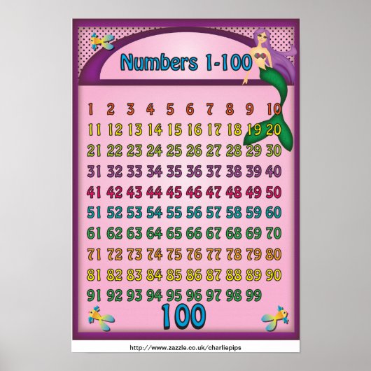 Zahlen 1-100 Poster mit einem Cartoon Mermaid (Vorne)