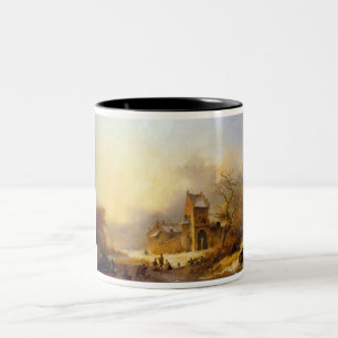 Zahlen auf einem gefrorenen Fluss in einer Winterl Zweifarbige Tasse
