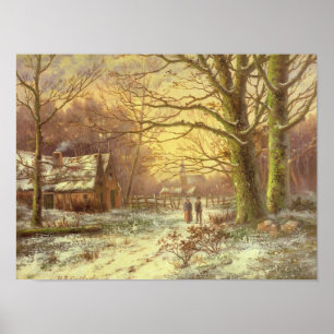 Zahlen auf einem Weg vor einem Dorf im Winter Poster