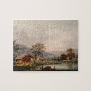 Zahlen, die ein Sampan ringsum eine Biegung in Puzzle