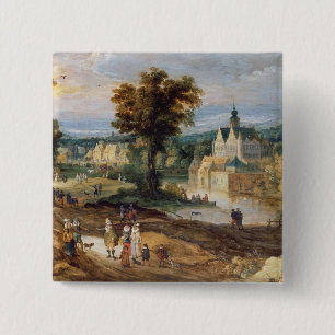 Zahlen in einer Landschaft mit Dorf und Schloss Button