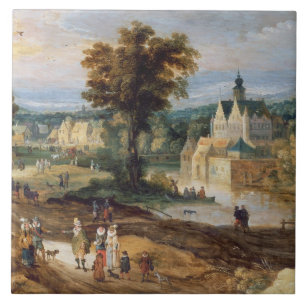 Zahlen in einer Landschaft mit Dorf und Schloss Fliese