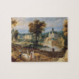 Zahlen in einer Landschaft mit Dorf und Schloss Puzzle