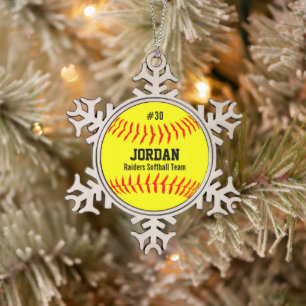 ZAHLteamschneeflocke des Softball-Spielers Namens Schneeflocken Zinn-Ornament
