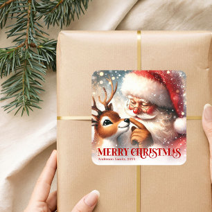 Zahmer Weihnachtsmann Rudolph Personalisiertes Wei Quadratischer Aufkleber