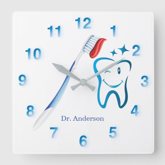 Zahnarzt Monogram Niedlich Toothbrush Happy Tooth Quadratische Wanduhr (Vorderseite)