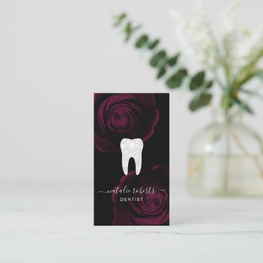Zahnarzt Tooth Burgundy Red Floral Dental Office Visitenkarte (Stehend Vorderseite)