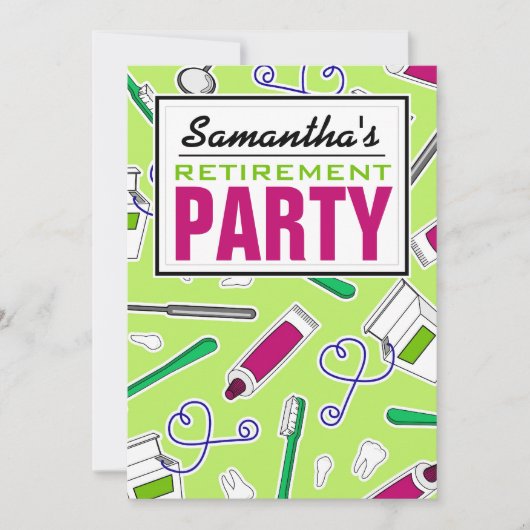 Zahnarzthelfer-/Zahnarzt-Ruhestands-Party-Grün Einladung (Vorderseite)